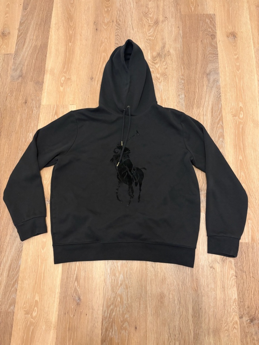 Polo Ralph Lauren Black Big Pony Hoodie Sweatshirt Fleece Side Pockets Sz Large